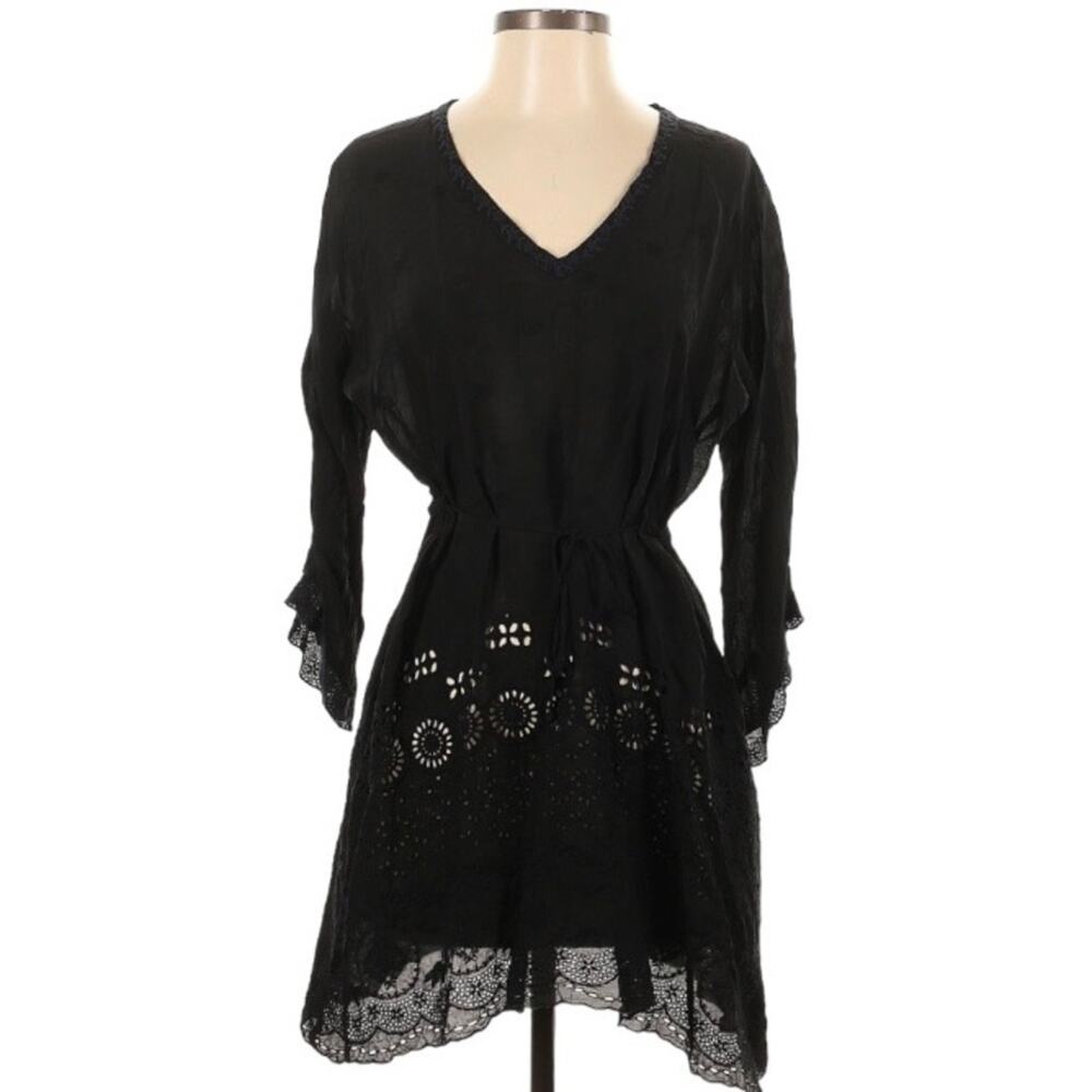 EUC Johnny Was Eyelet Mini Dress with Pockets Black Size Small